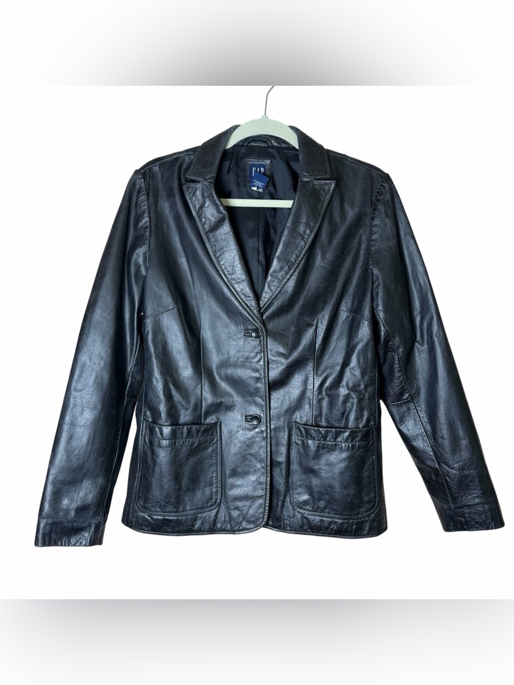 Vintage Y2K GAP Genuine Leather Jacket Blazer Women Sz Medium Black Classic 2000